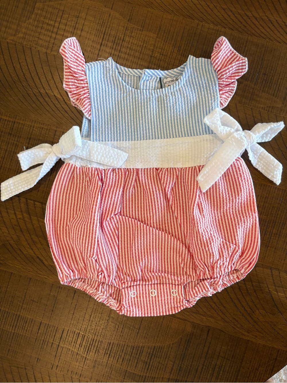 Red White Blue Seersucker Bubble Romper with White Bow Accents